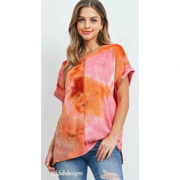 LAST 1! So Soft Vibrant Pink/Peach Waffle Knit Reverse Stitch Top! - Picture 1 of 5
